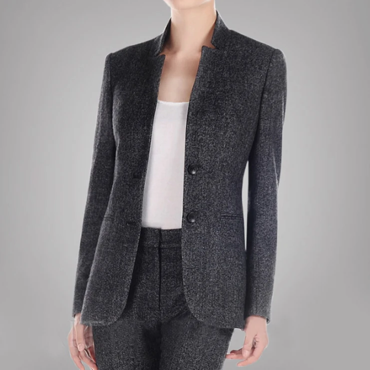 Custom Business Women Gery Fashion Formal Blazer Of Ladies Two Button Mandarin Collar Suit