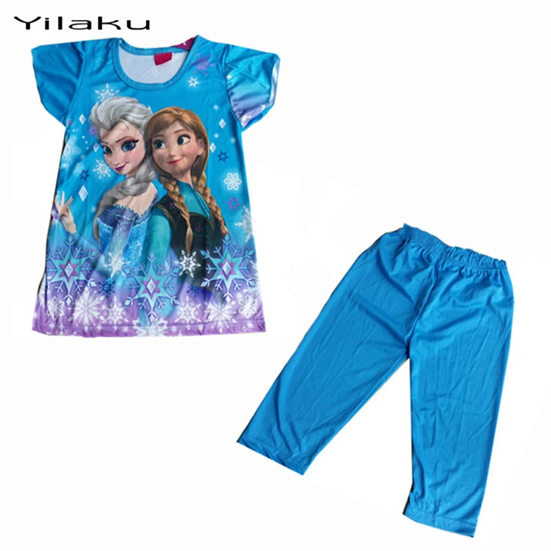 Children Cartoon Pajamas Sets Girls Summer Pyjamas Kids Short Sleeve Pijamas Elsa Anna Baby Girl Sleepwear