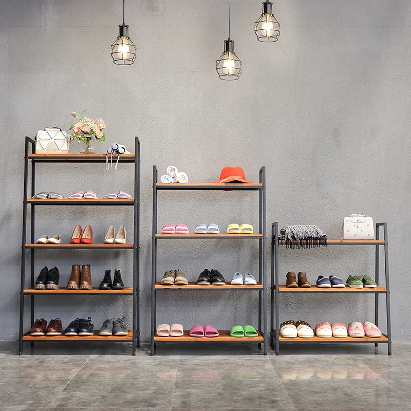 Bespoke Home Used Metal Black Wooden Shoes Shelves Commercial Corner Display Stand Furniture DIY Shoes Rack
