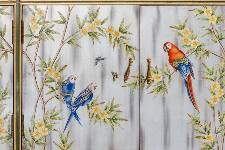 Antique hand painted vintage rustic china country classic furniture solid wood living room cabinet