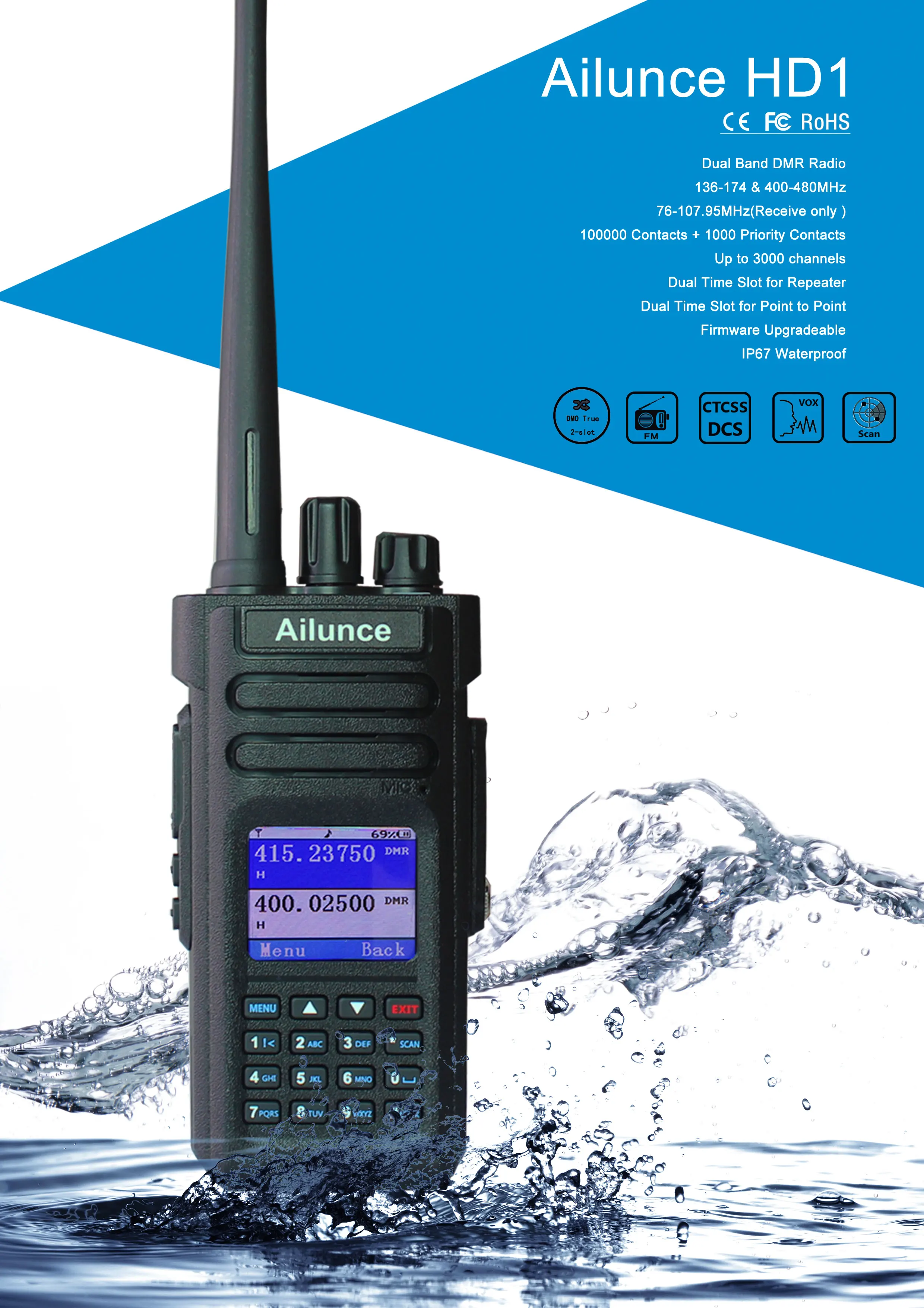 Ailunce HD1 High Power 10W IP67 Waterproof dual Band DMR Ham Radio Transceiver