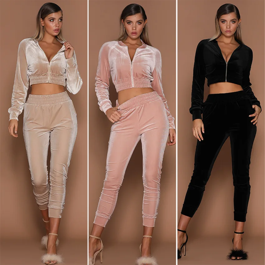 Wholesale Custom Womens velvet 2 pieces set cropped pants set Latest Sport Plain women pink Velour Tracksuit