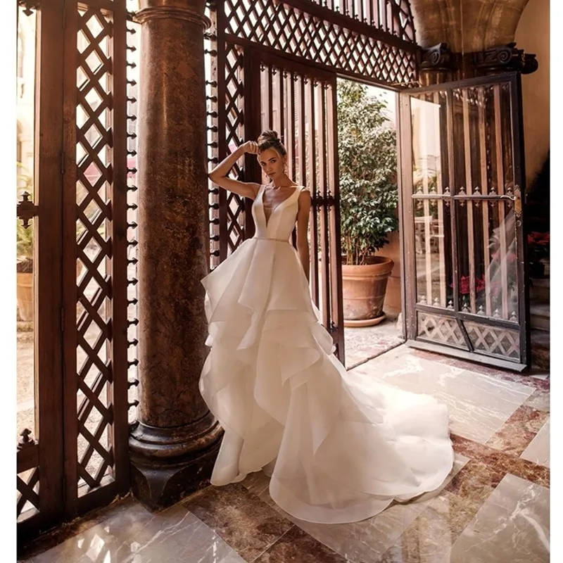 2019 new collection simple fairy sleeveless princess ruched skirt wedding gown deep V cut neckline ball gown wedding dresses