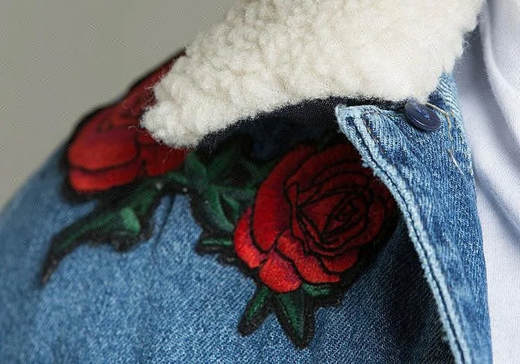 Royal wolf denim garment factory light blue borg collar snake rose embroidered denim men jacket jeans