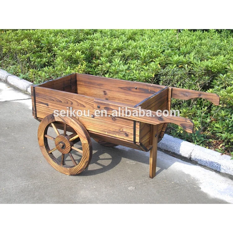 Wooden Garden Planter Car Outdoor Wooden Flower Pot Patio Wood Barrel Planter With Wheel