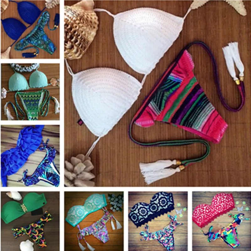 11 Style Push Up Brazilian Bikini Sets Sexy Halter Retro Crochet Bikini Floral Swimsuit Swimwear Biquine