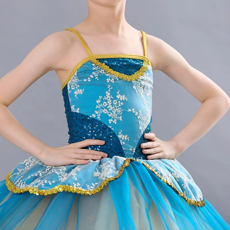 embroidery flower dance wear court style blue tutu skirt gold sequin performance dance costume