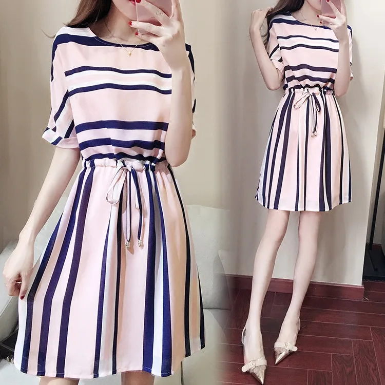 Springway 2021 Summer New Arrive Women Dresses Korean Fashion Lace Slim Stripe A-line Casual Dress Wholesale