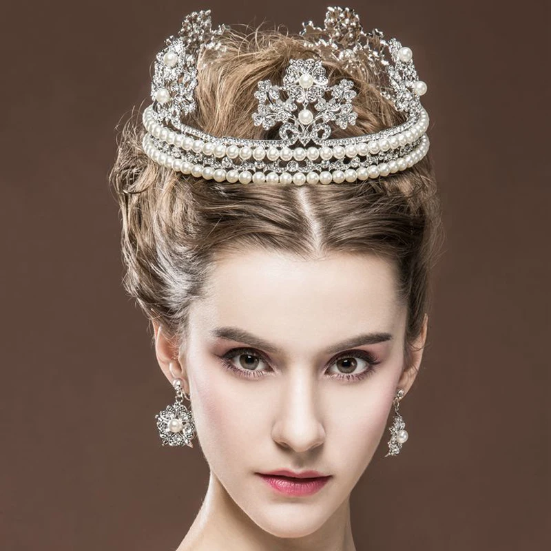 
European style luxury large round queen crown tiaras with pearl beads and earrings sets 