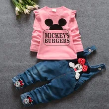 2016 Spring Baby Girls MICKEYS BURGERS Clothing Sets Cute Cartoon Animal Print Infant T Shirt Bibs