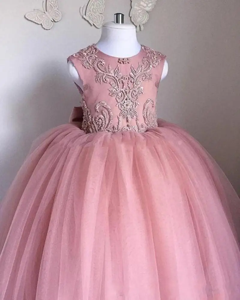 ZH0844X 2019 Pink Flower Girls Dresses Sheer Jewel Neck Sleeveless Lace Appliques Girl Pageant Gowns Birthday Dresses With Bow
