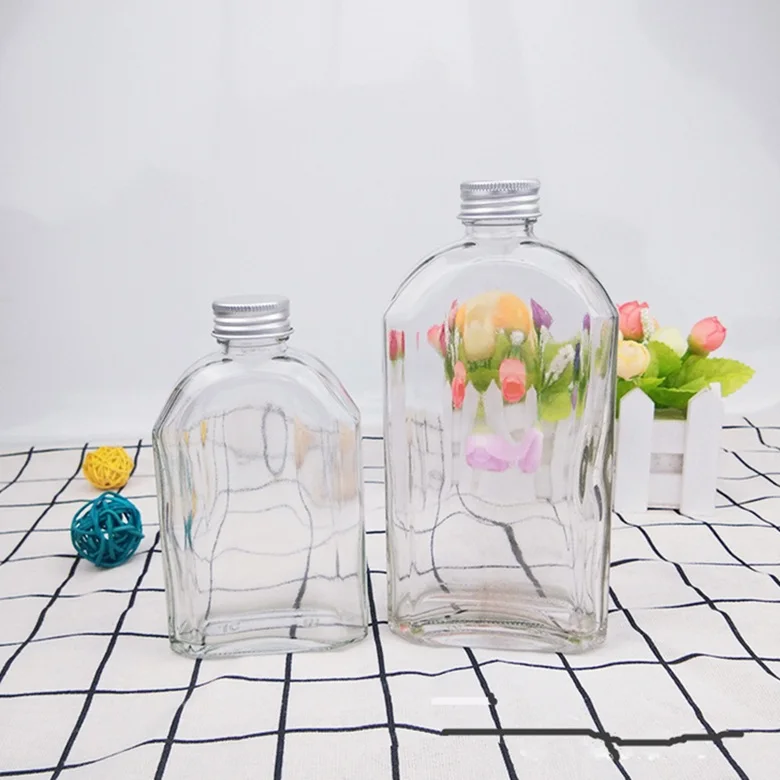 Wholesale new 350 iced tea bottle flat square beverage juice glass bottle