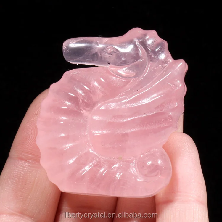 Natural Pink Rose Crystal Sea Horse Healing Carved Figurine