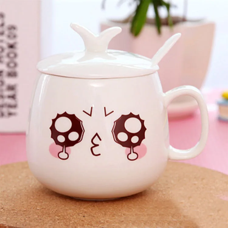 Custom Personalized Cute Expression Cartoon White Ceramic Coffee Mug with Lid Spoon Reusable Coffee Cups
