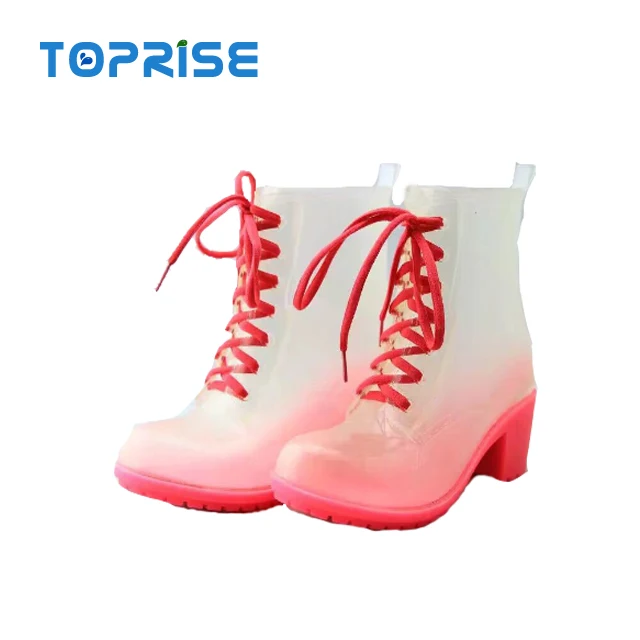 Wholesale Ladies Women Wedge Crystal PVC Plastic Heeled Jelly Rain Shoes