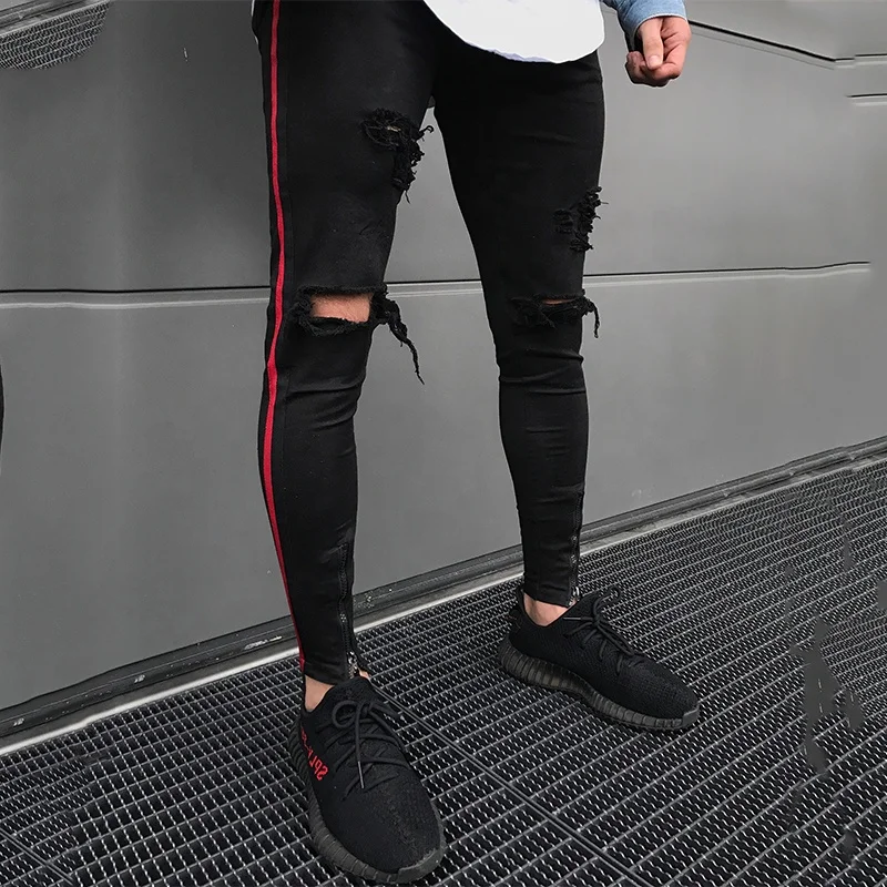 
New Style Hip Hop Men Black Slim Distressed Boys Skinny Jeans 