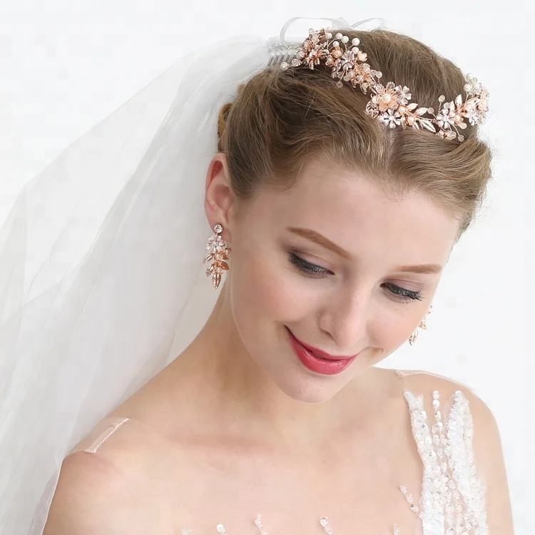 Wedding Hair Vine Flower Pearl Bridal Headband and Earring Party Prom Accessories Tiaras Crown Jewelry