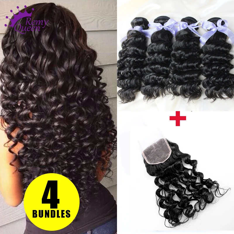 Virgin Peruvian Hair Deep Wave Lace Closure with 4 Bundles Hair Weaves Unprocessed Human Hair Extensions