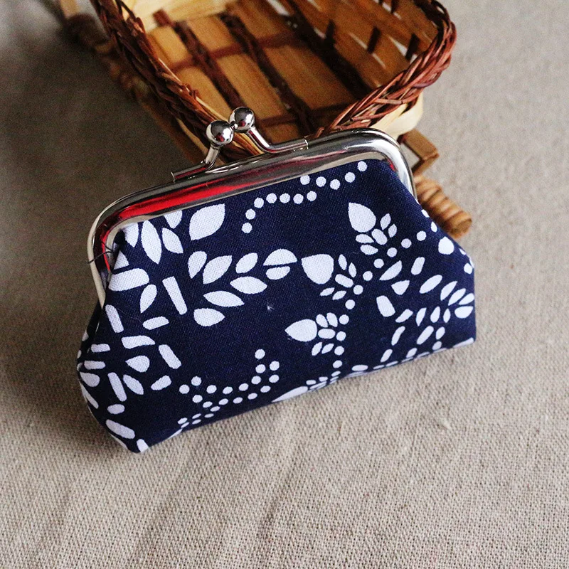 customized cheap promotional metal frame coin bag retro ethnic blue cotton mini snap coin purse