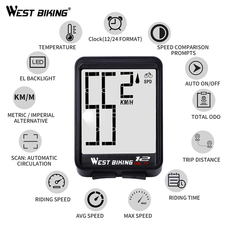 WEST BIKING Wireless Bike Computer 14 Functions meter Odometer Cycling Wired Mount MTB Bike Stopwatch Bicycle Computer