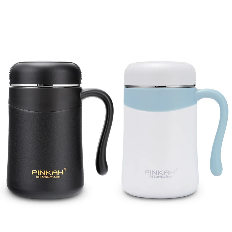 PINKAH new launched 380ml leakproof powder coated double wall insulated vacuum stainless steel mug with handle and tea filter