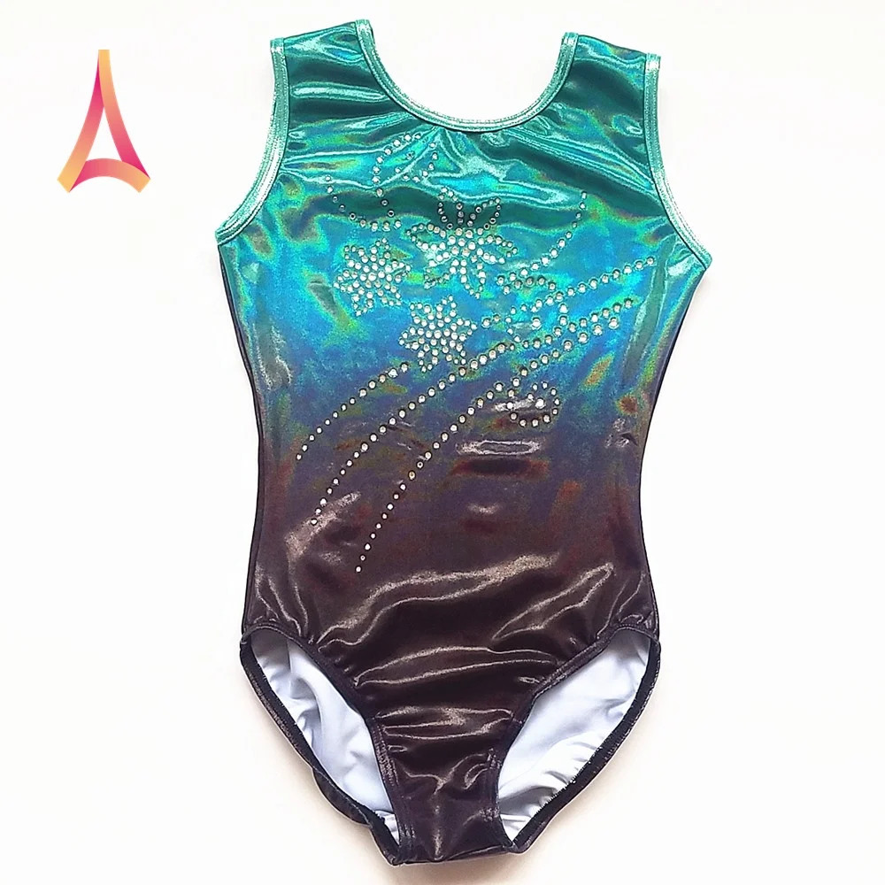 Black Mint Ombre Mystique Bodice Rhinestone Trim Tumbling Leotard Gymnastics Outfits for Kids