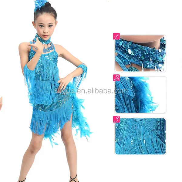  Танцевальный костюм в наличии бальное платье с бахромой и перьями для латиноамериканской бальной комнаты детей 3 цвета (синий розовый