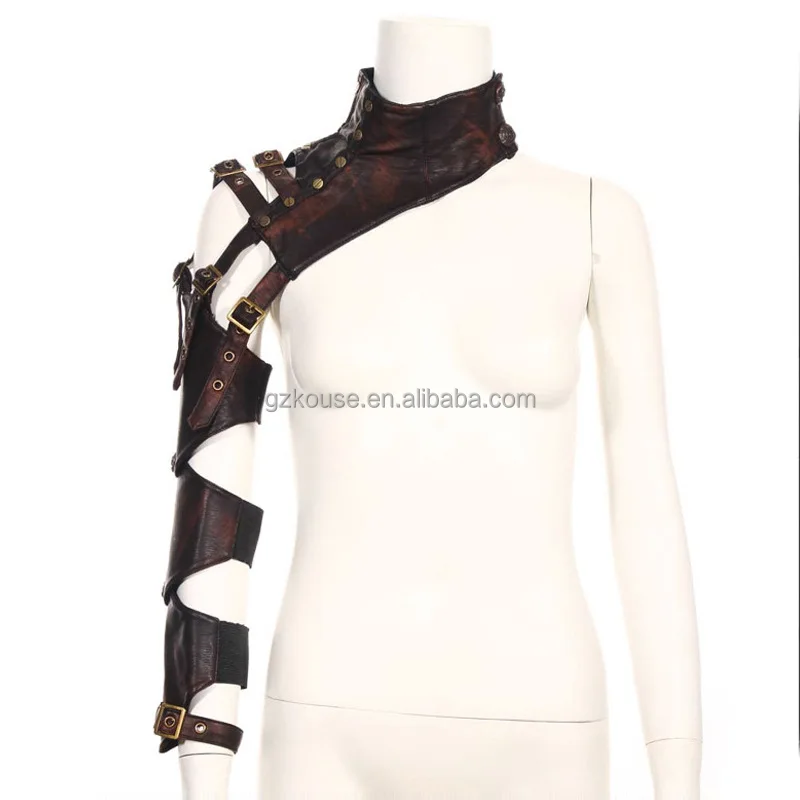Corzzet A220 Brown PU Leather One Shoulder Changeable Sleeve Steampunk Arm Sheath Retro Gothic Armor Arm Warmer Gloves Mittens