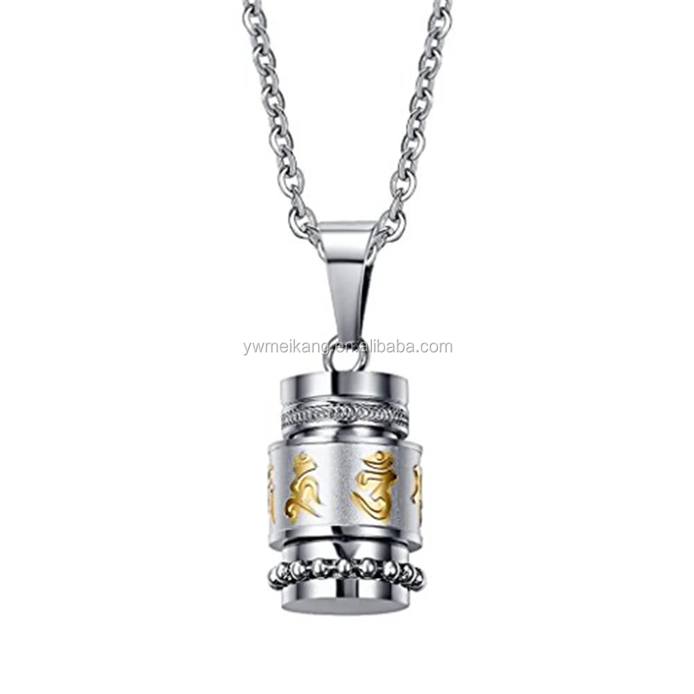 Stainless Steel Cremation Jewelry Drum Bottle with Gold Plating Om Mani Padme Hum Pendant Memorial Urn Chain Necklace