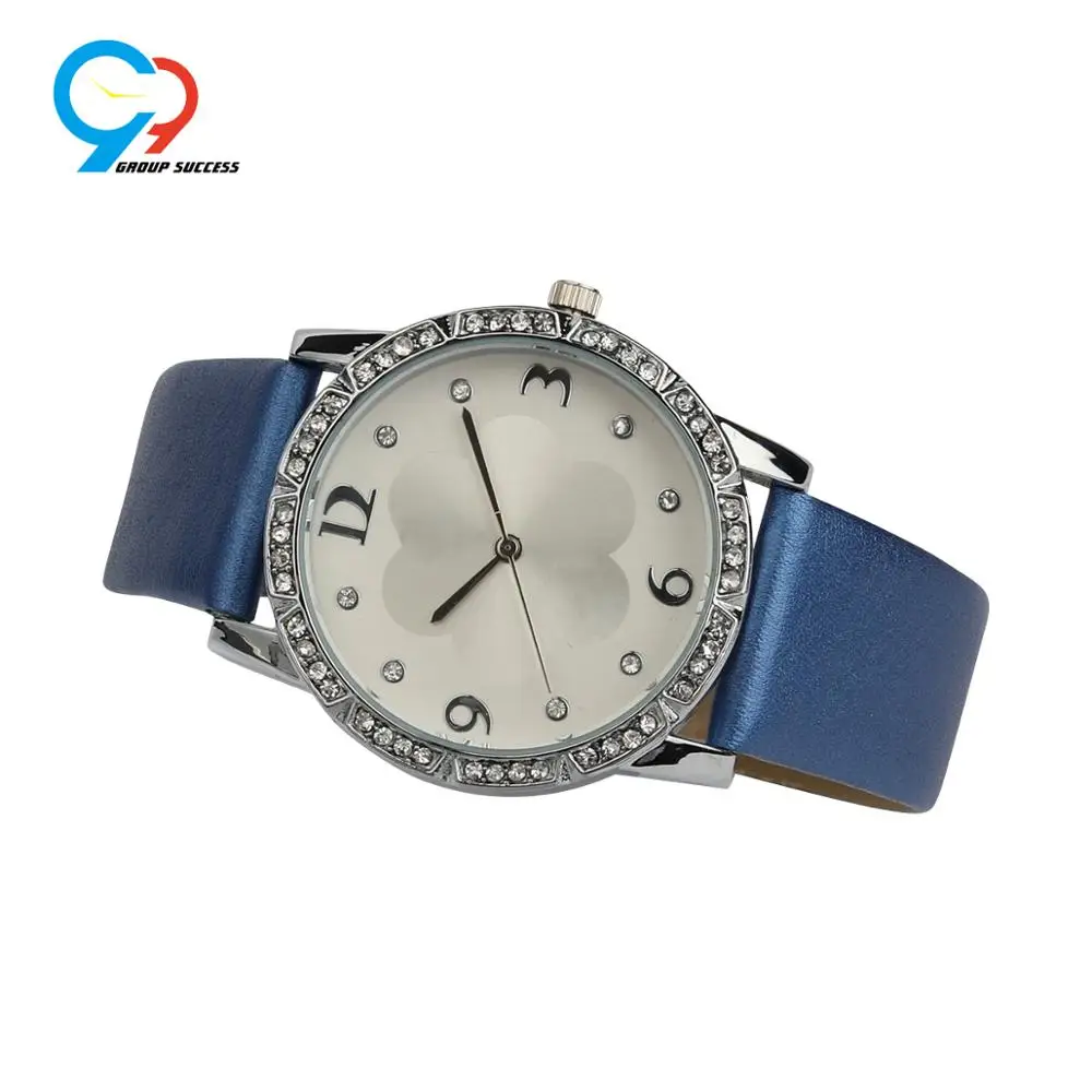Bottom price flower case and dial smooth leather strap lady watch
