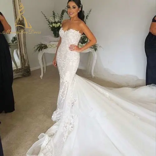 
Princess Bride Lace Strapless Sweetheart Detachable Mermaid 2019 Wedding Dress With Long Train 