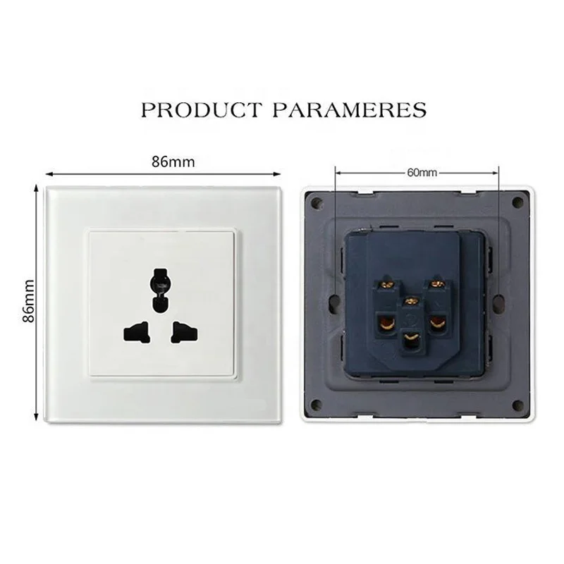 Crystal Tempered Glass Panel Universal 5 Pins Wall Outlet Socket 86 x 86 MM 13A 250V