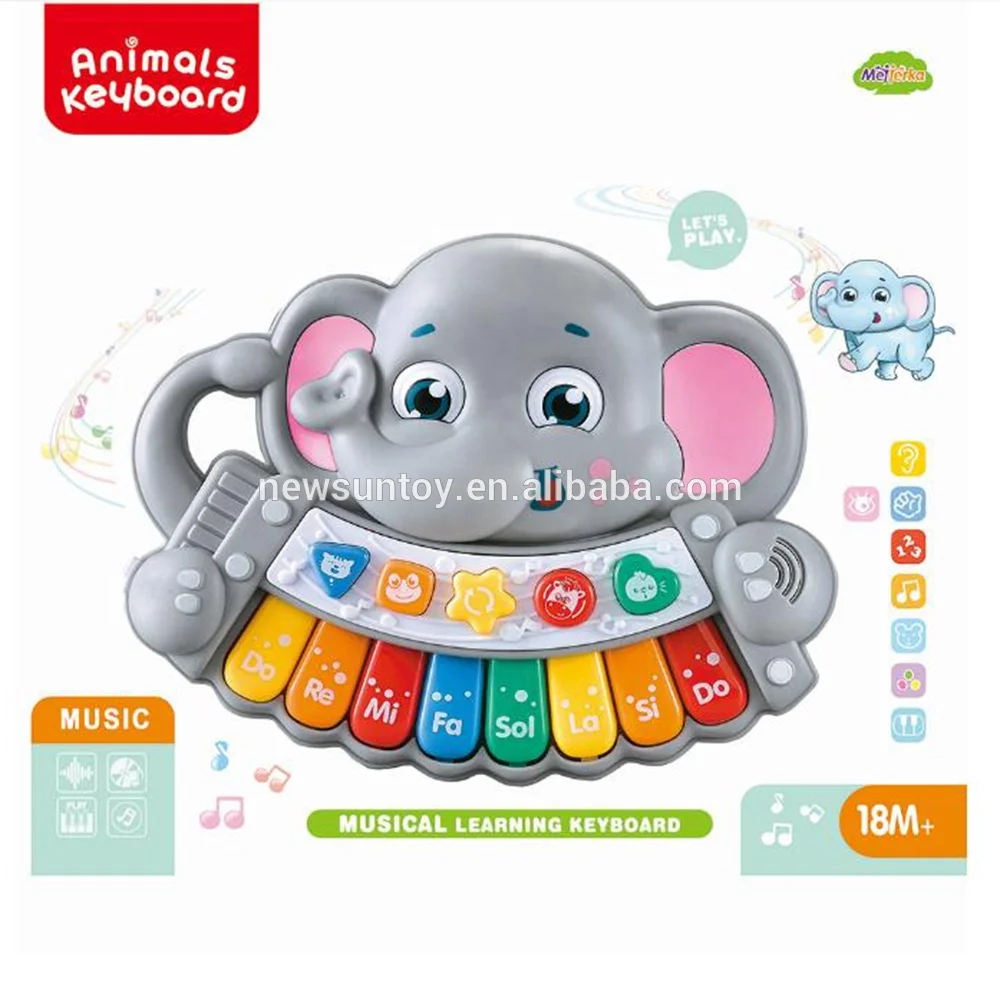 Wholesale educational cartoon elephant musical piano  keyboard electronic organ set musical instrument toy with music and light.