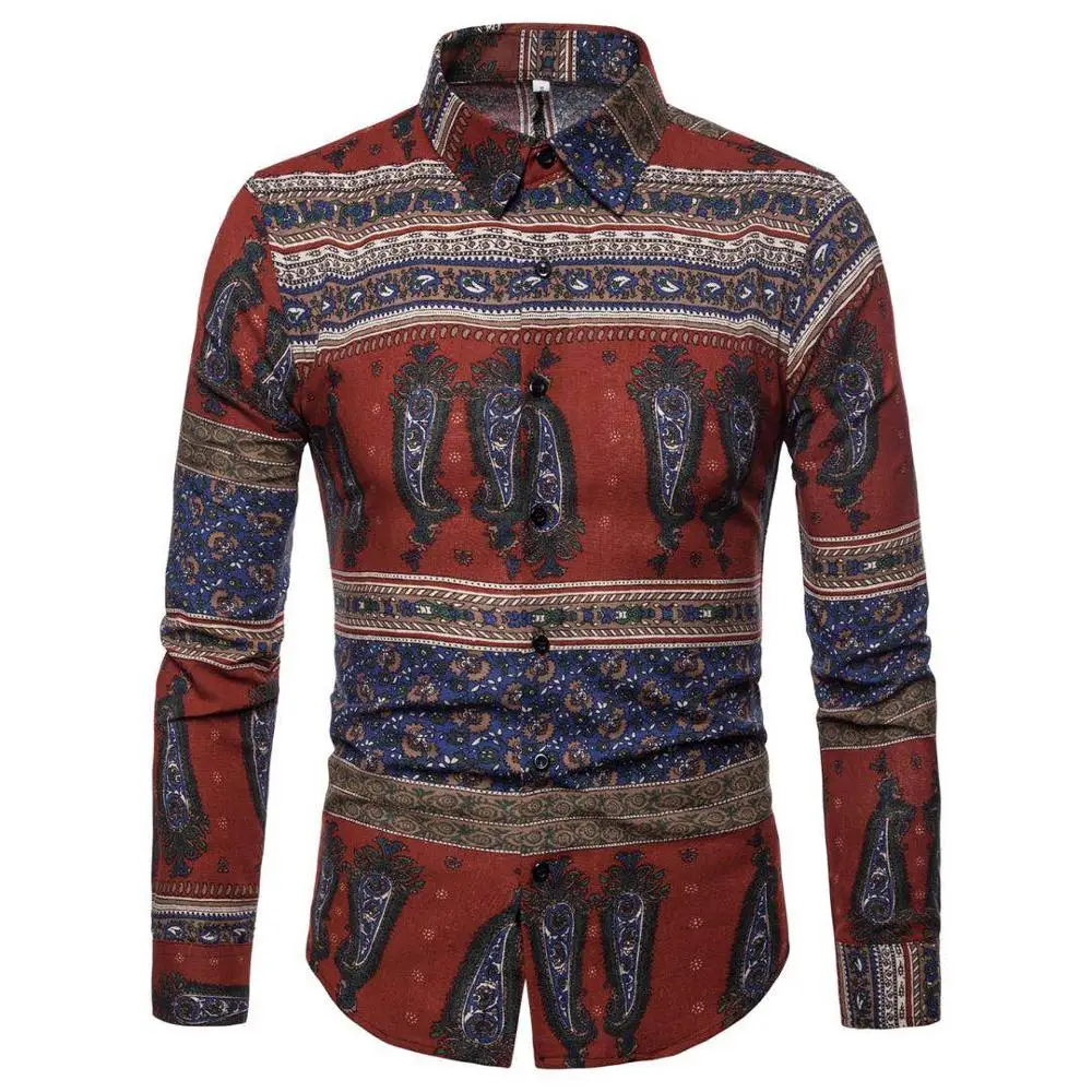 Men Linen Floral Shirt Long Sleeve Slim Fit Top Thailand Mexico Style Elephant Shirts Casual Dress Shirt