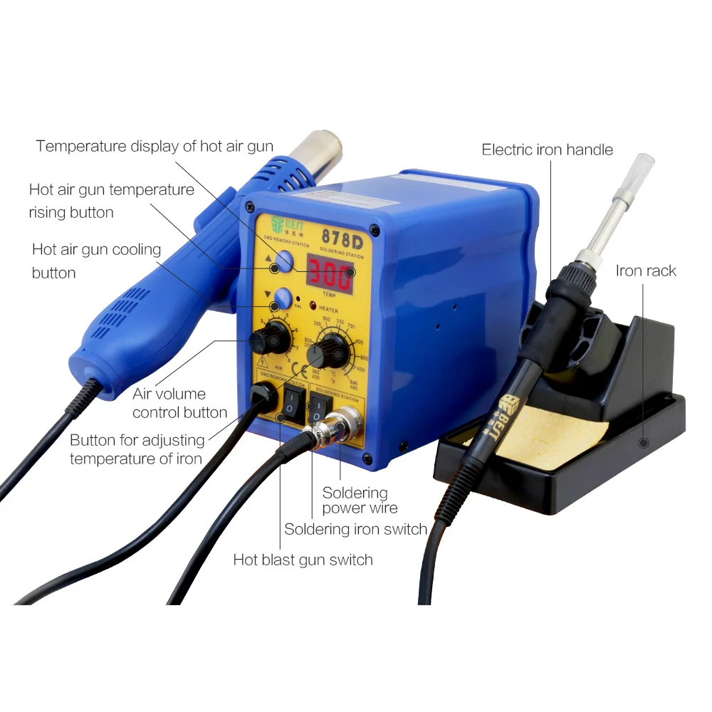 BST-878D CE Certificate 2 In 1 Soldering Station Hot Air Gun Nozzle Temperature Adjustable Heat Gun