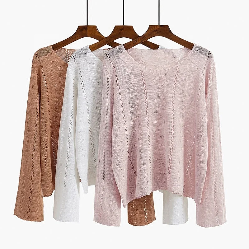 
Hollow sunscreen ice silk knitwear fall 2020 women sweater languid sloth new loose flared sleeve top base women sweater 