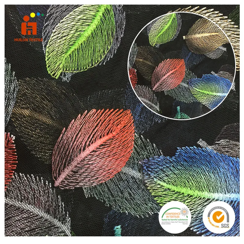 Popular colorful leaves plain embroidery african lace fabric skull for garment