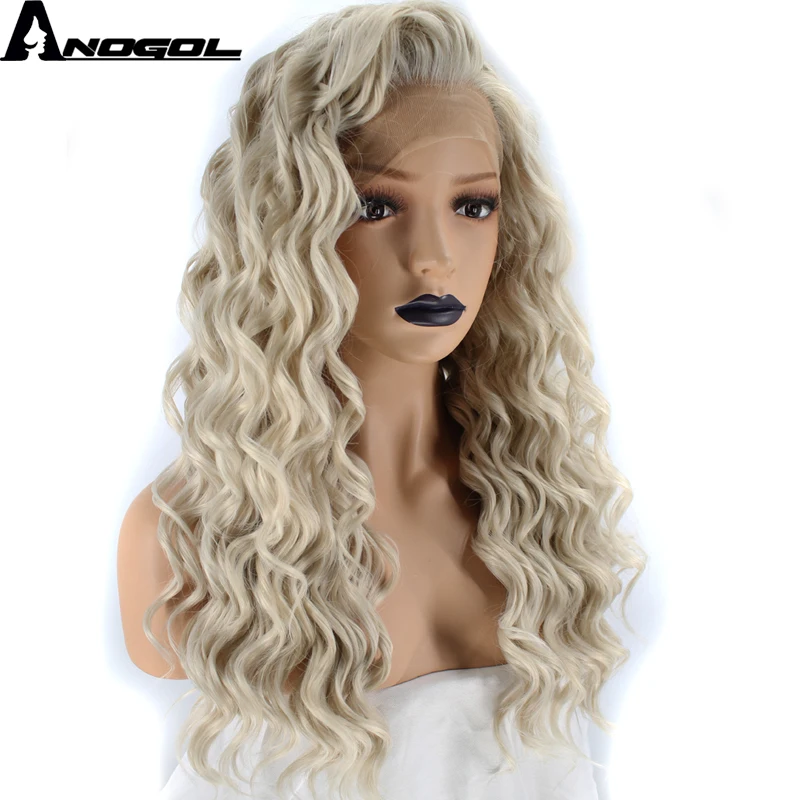 Anogol High Temperature Fiber Ash Blonde Free Part Natural Long Kinky Curly Synthetic Lace Front Wig For Women