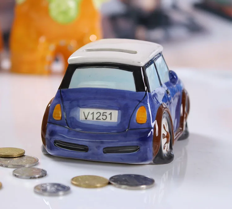 Ceramic car shape design with painting dolomite coin box ,Ceramic money box