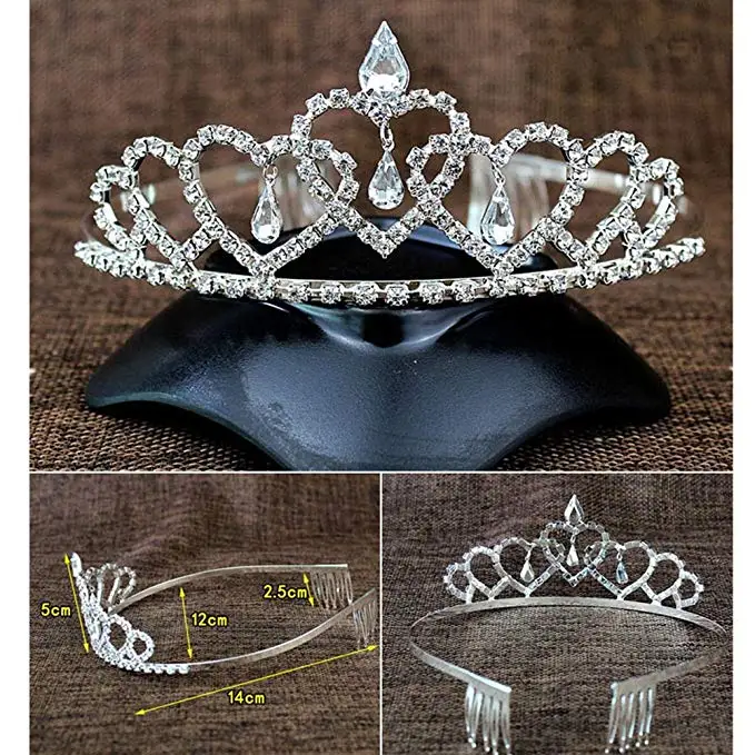 Crystal Rhinestone Heart-shaped Water drop pendant Tiara Wedding Party Flower Girl Headband Kids Crown Headband