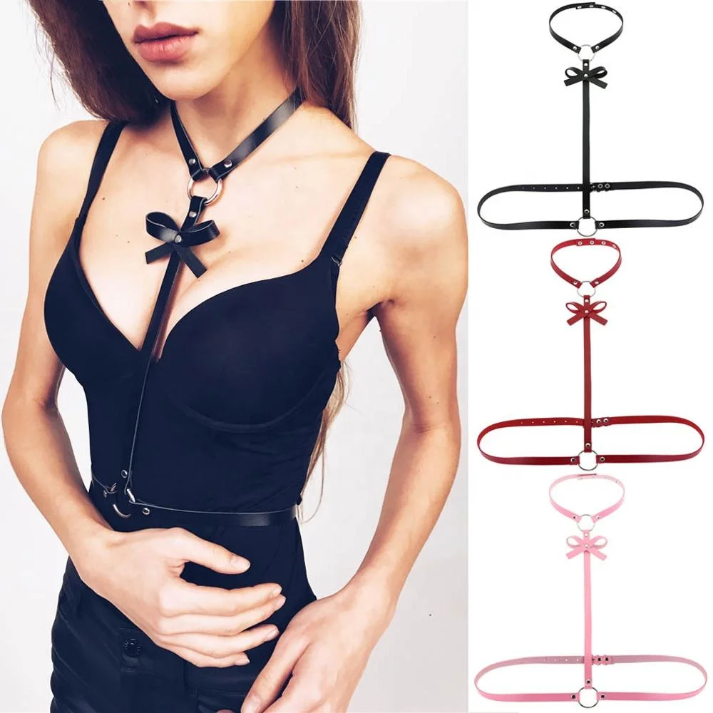 Simple Leather Bow Tie Handmade Harness Punk Gothic Body Bondage Waist Belt Women Accessories