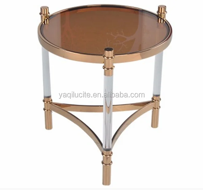 
Fashion design round shape tempered glass top acrylic side table with stainless steel 