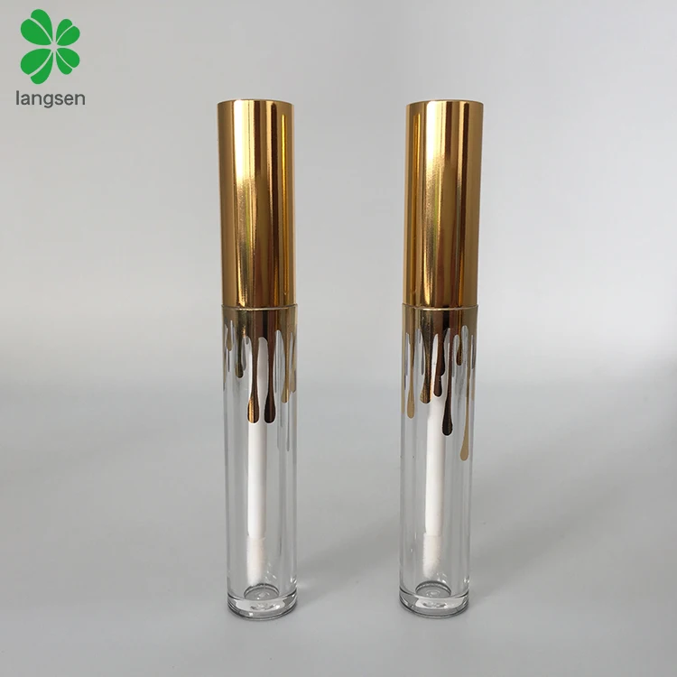 4ml plastic round clear lip gloss tube with gold metal cap, empty refillable lip gloss lip balm tube bottle container