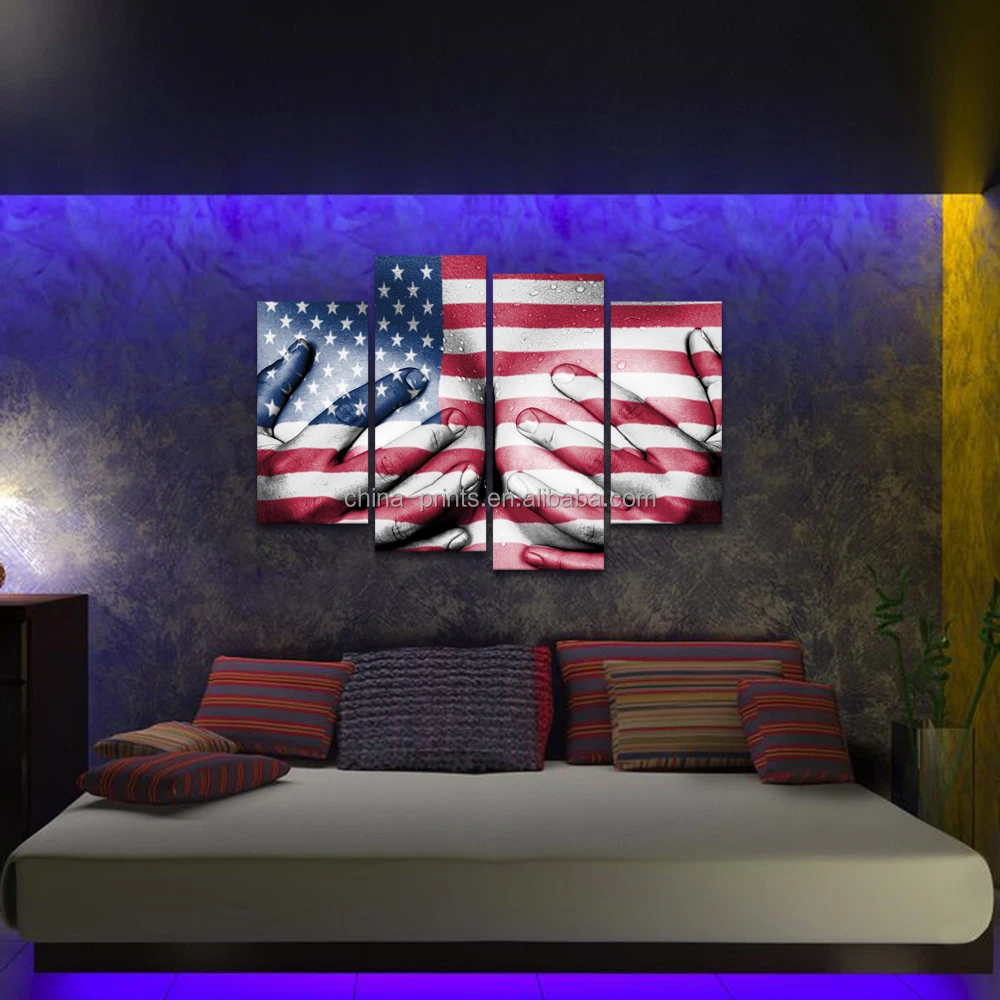 4 Piece Nude Sweaty Woman Canvas Wall Pictures Hands Covering Breasts Vintage Flag of the USA Hot Body Painting for Living Room