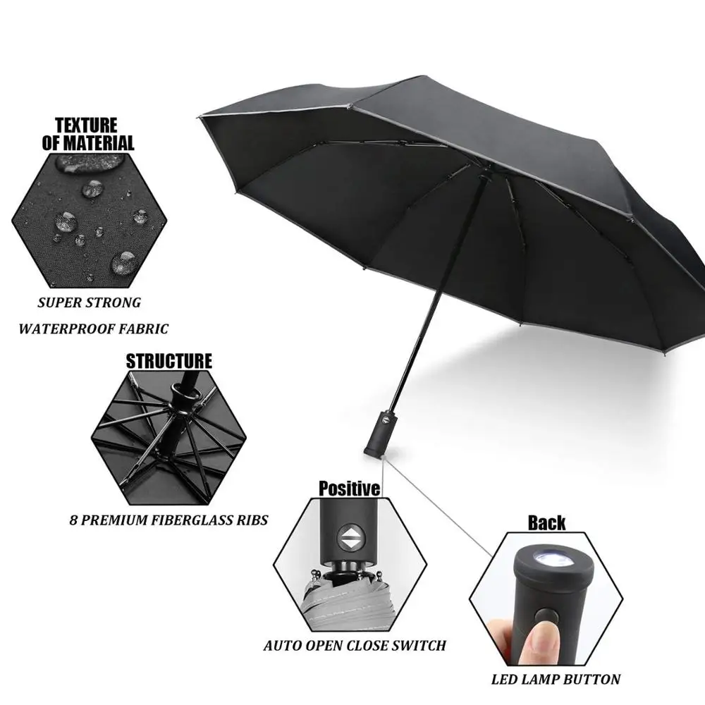 Lightweight Compact Travel Umbrella Automatic Open Close Folding Umbrella with 180 Rotating LED Flashlight Folding Umbrella