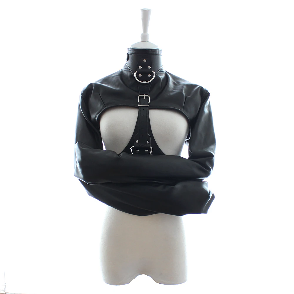 White PU Leather Strict Bondage Binding Straitjacket Women Hands Restrained Clothing BDSM Adult Game Fetish Straight Jacket