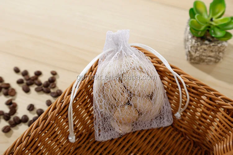 China factory promotional white cotton nylon mesh drawstring raschel bag for dry fruit storage