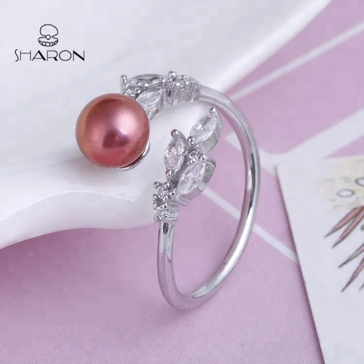 Wholesale  Leaves Jewelry Sterling Silver Adjustable Girl Real Freshwater Pear Crystal  Ring