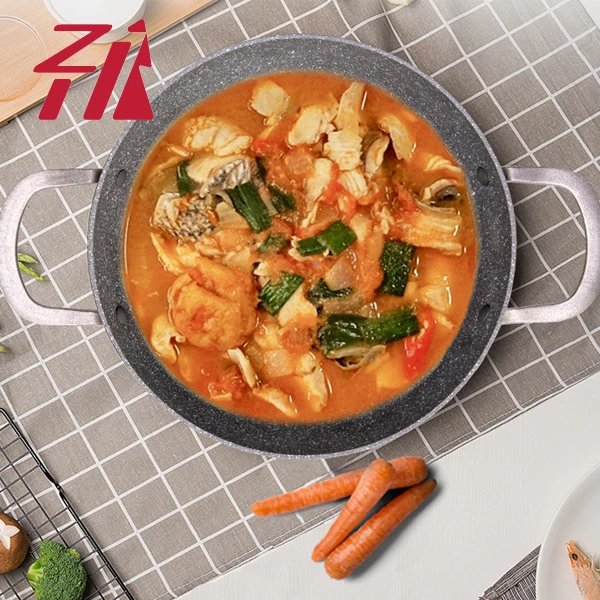 Durable forged die casting aluminum cooking soup pot hot pot coated big casserole and wok set Eco-friendly marble non stick coat
