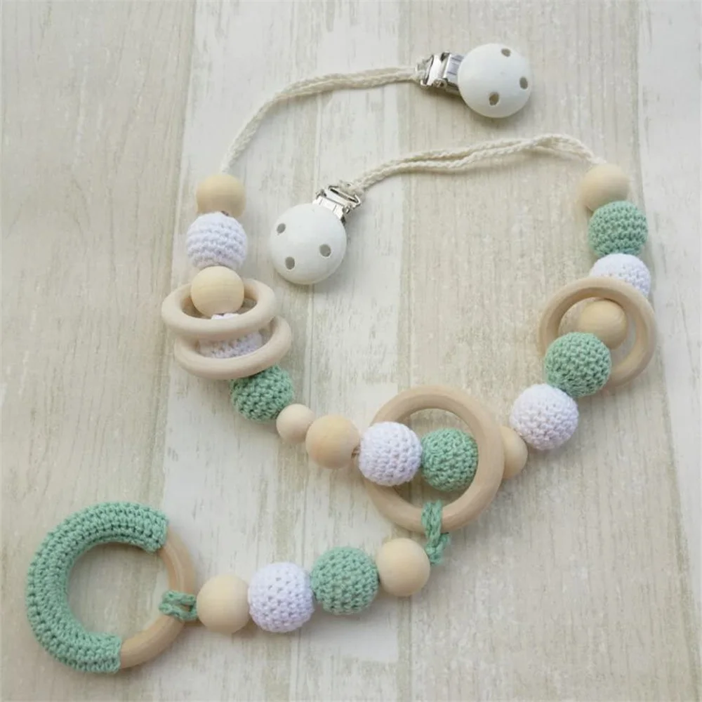 Crochet Baby Teether Organic Wood Pram Chain Stroller Hanging Toy